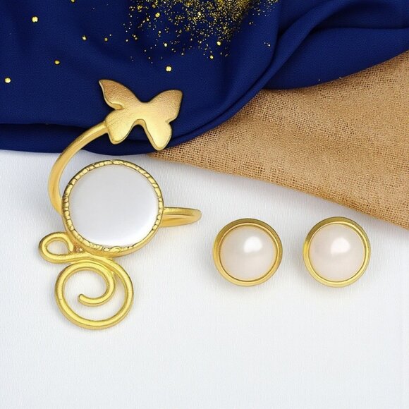 🆕️Turkish Artisan 24K Gold Plated & Pearl Ring + Earrings Set 🌟 Adjustable - Picture 1 of 15